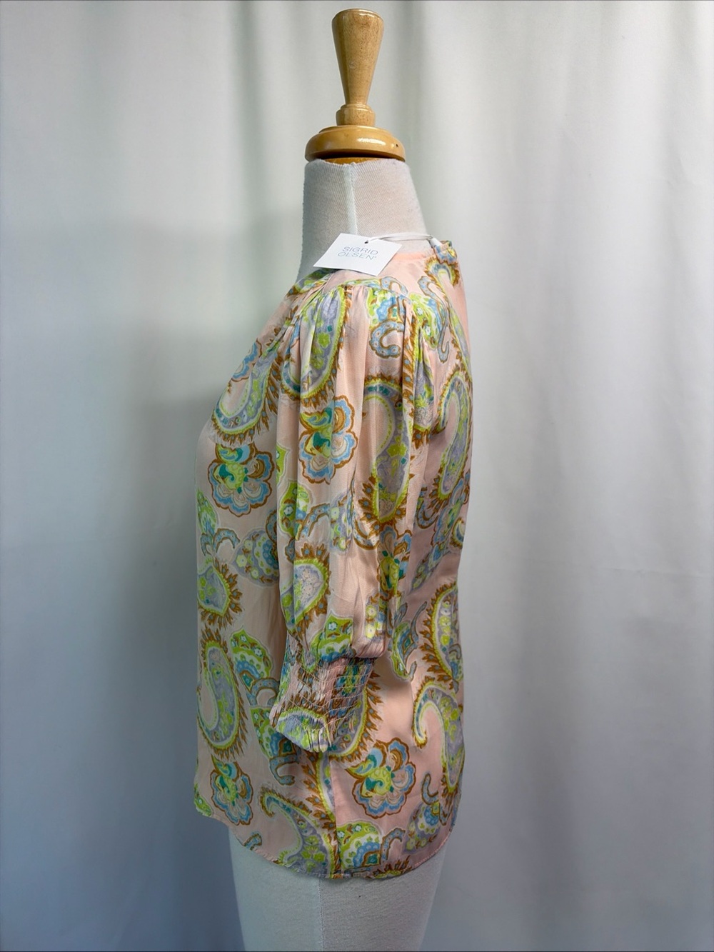 NWT Sigrid Olsen Women XS Multicolor Paisley Silky SS Smocked Shirt Blouse - Picture 6 of 12